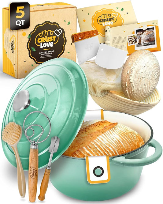Dutch Oven for Bread Baking - Sourdough Bread-Baking Supplies, Banneton Bread-Proofing Basket - 5 Quart Enameled Cast Iron Bread-Oven with Lid, Baking Pan, Scoring Tool Lame