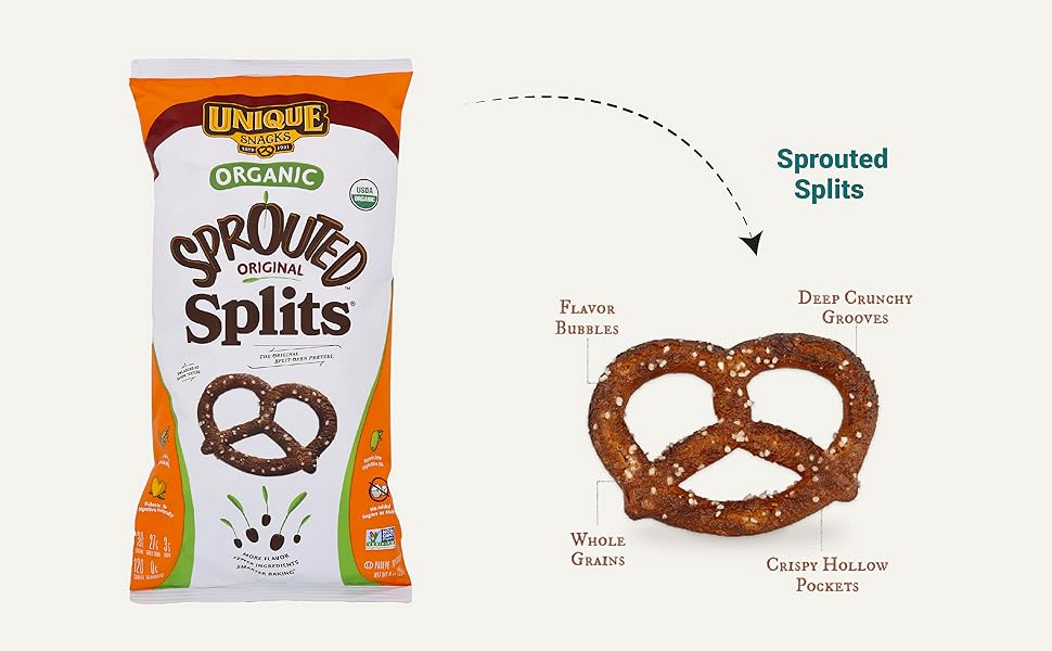 Unique Snacks Sprouted Splits Pretzels, Delicious Homestyle Baked Snack Bag, OU Kosher, and Non-GMO Food, 8 oz - Pack of 3