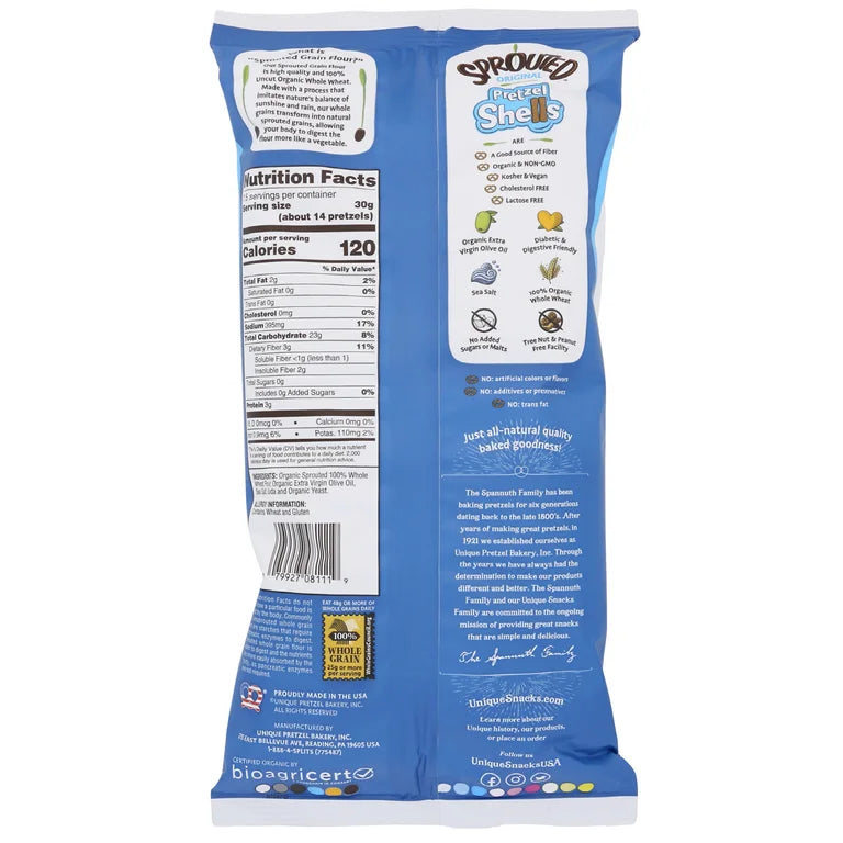 Unique Snacks Sprouted Pretzel Shells, Delicious Homestyle Baked Snack Bag, OU Kosher, and Non-GMO Food, 8 oz - Pack of 3