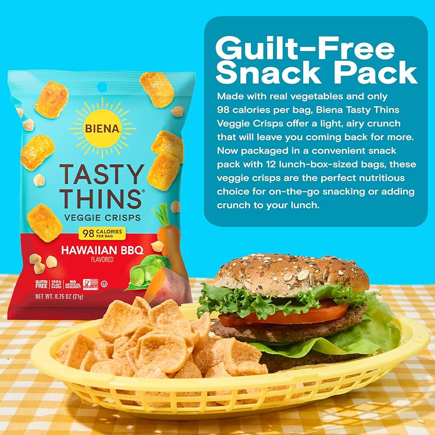 BIENA Tasty Thins Veggie Crisps - Low-Calorie Veggie Chips, Variety Pack, 4 oz Bags - Hawaiian BBQ, Himalayan Pink Salt, & Nacho - Pack of 6