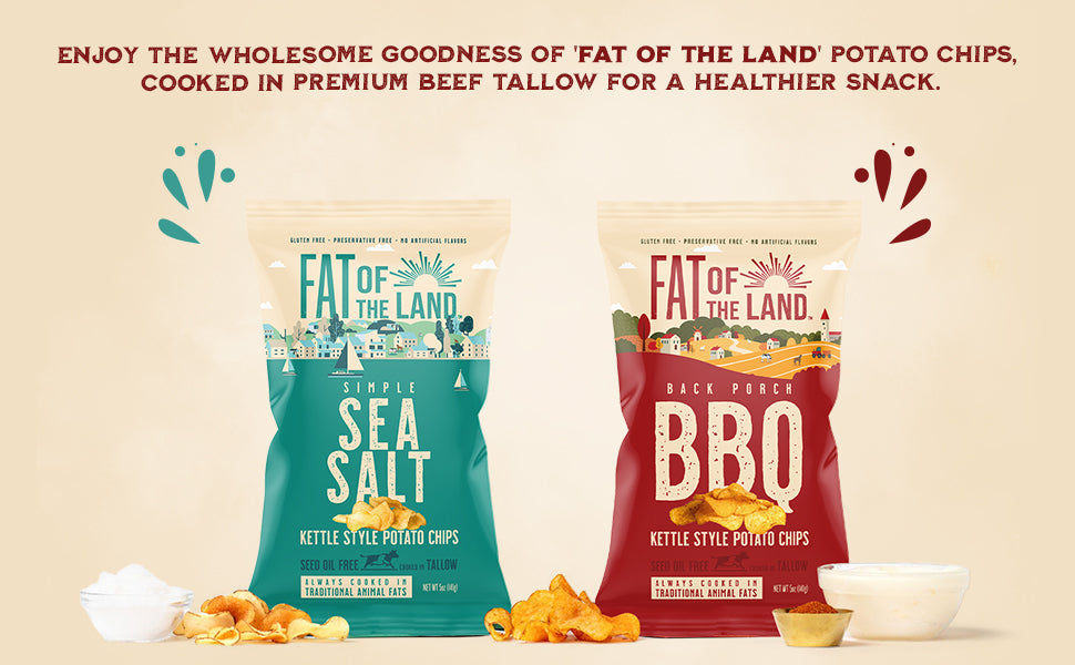 Fat of the Land Sea Salt Potato Chips - Gluten Free Kettle Chips - Preservative Free - No Artificial Flavors - No Seed Oils - Rich in Vitamin D - 5 oz- Pack of 2