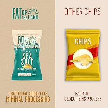 Fat of the Land Sea Salt Potato Chips - Gluten Free Kettle Chips - Preservative Free - No Artificial Flavors - No Seed Oils - Rich in Vitamin D - 5 oz- Pack of 2