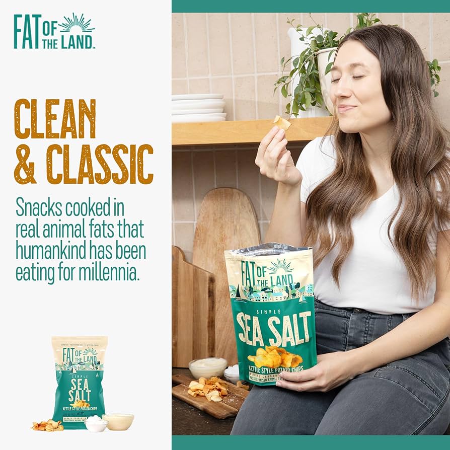 Fat of the Land Sea Salt Potato Chips - Gluten Free Kettle Chips - Preservative Free - No Artificial Flavors - No Seed Oils - Rich in Vitamin D - 5 oz- Pack of 2