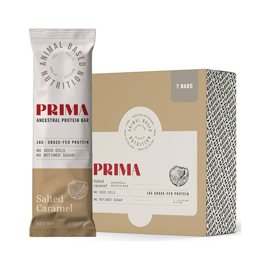 PRIMA ANCESTRAL PROTEIN BAR Grass Fed Protein Bars, Salted Caramel - Seed Oil Free, Gluten Free, Low Carb Snacks - Pack of 7