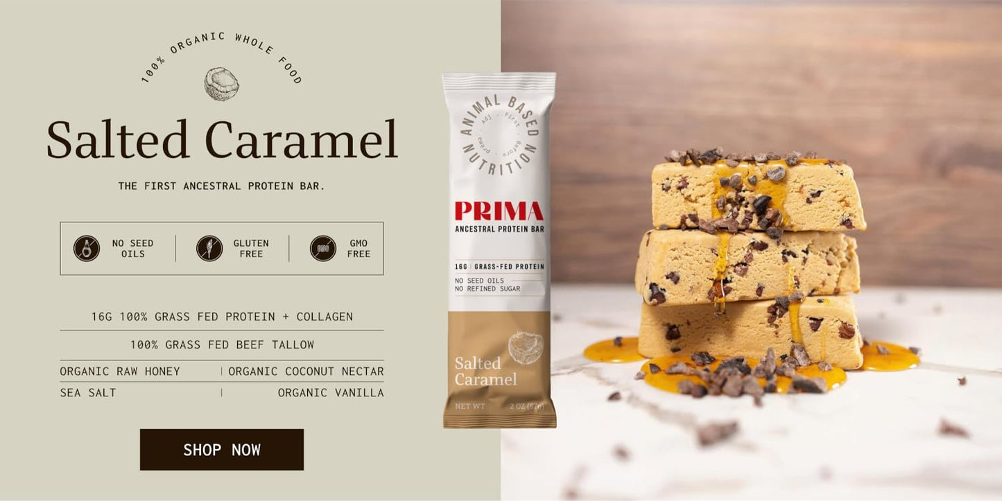 PRIMA ANCESTRAL PROTEIN BAR Grass Fed Protein Bars, Salted Caramel - Seed Oil Free, Gluten Free, Low Carb Snacks - Pack of 7