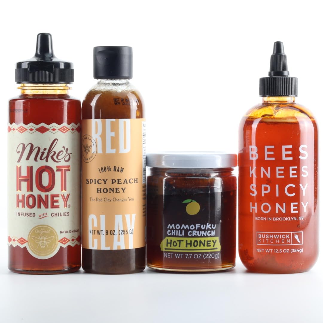 Our Favorite Hot Honey Variety Collection - Mikes Hot Honey, Momofuku Hot Honey Chili Crunch, Bushwick Kitchen Bees Knees Spicy Honey and Red Clay Peach Infused Hot Honey - Pack of 4
