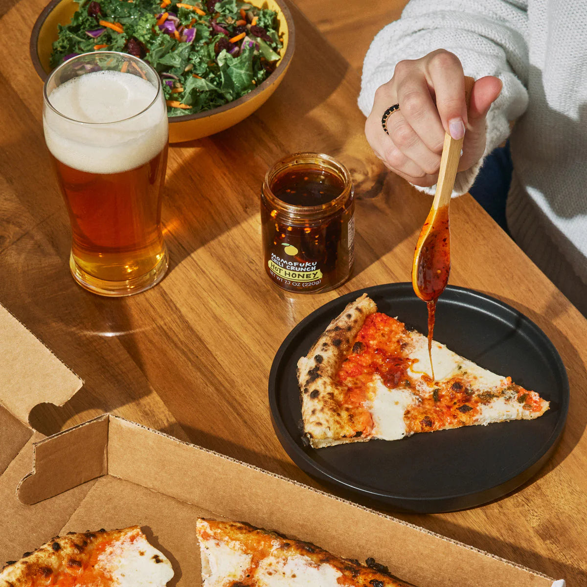 Our Favorite Hot Honey Variety Collection - Mikes Hot Honey, Momofuku Hot Honey Chili Crunch, Bushwick Kitchen Bees Knees Spicy Honey and Red Clay Peach Infused Hot Honey - Pack of 4
