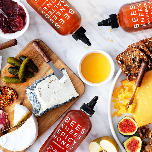 Bushwick Kitchen Bees Knees Honey Variety, Bushwick Kitchen Tea Towel Gift Box - Spicy Honey, Meyer Lemon Honey, Salted Honey Sauces