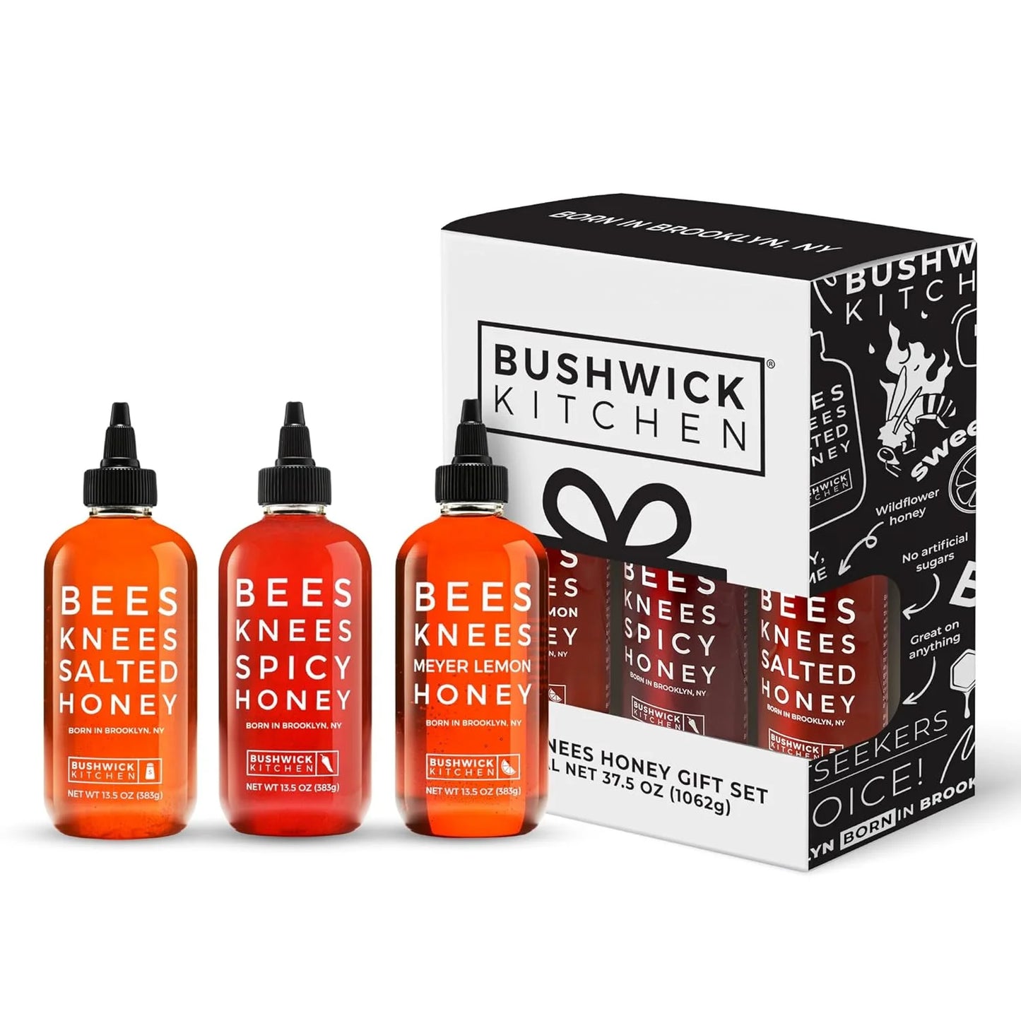 Bushwick Kitchen Bees Knees Honey Variety, Bushwick Kitchen Tea Towel Gift Box - Spicy Honey, Meyer Lemon Honey, Salted Honey Sauces