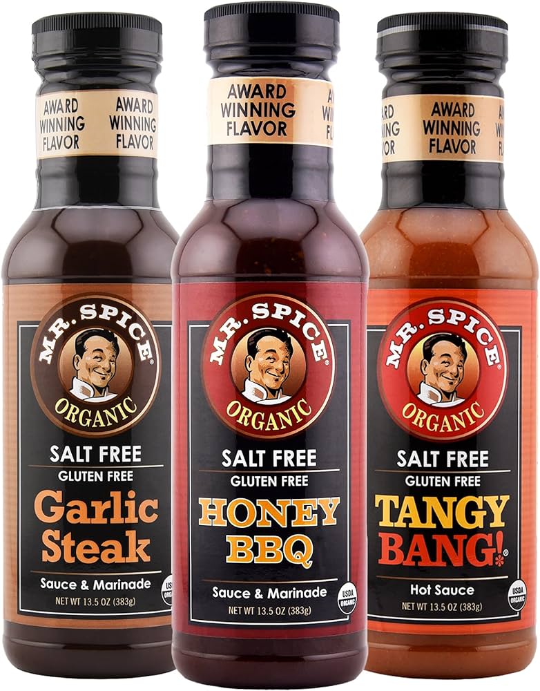 Mr. Spice Salt Free Award-Winning Taste Original Variety Pack - Garlic Steak, Honey BBQ, Tangy Bang Sauce - Low Sodium, Organic, No Salt, Gluten Free - Pack of 3