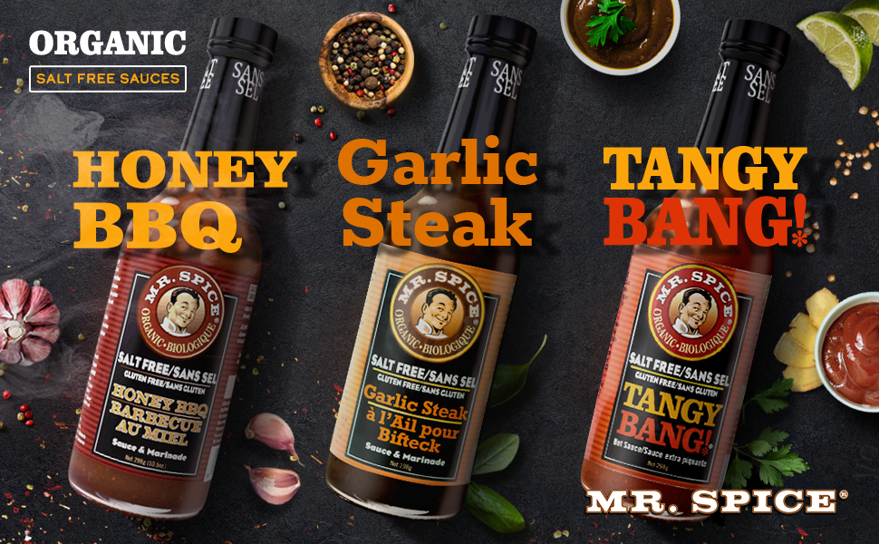 Mr. Spice Salt Free Award-Winning Taste Original Variety Pack - Garlic Steak, Honey BBQ, Tangy Bang Sauce - Low Sodium, Organic, No Salt, Gluten Free - Pack of 3