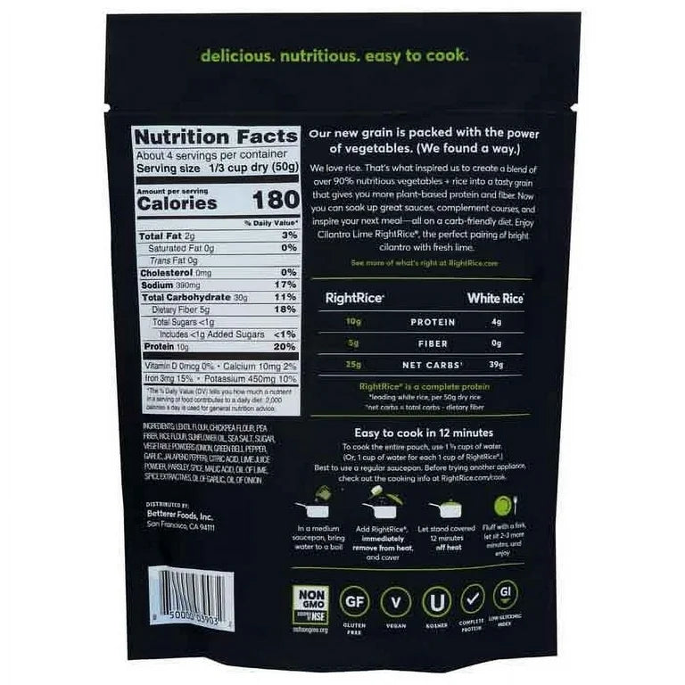 RightRice - Cilantro Lime (7oz. Pack of 6) - Made from Vegetables - High Protein, Vegan, non GMO, Gluten Free