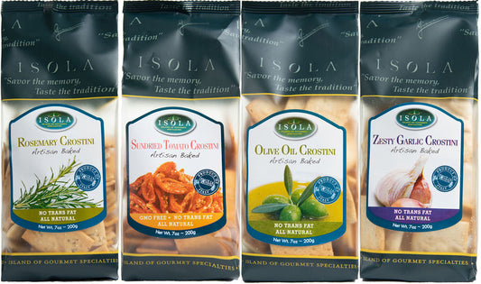 Gourmet Isola Crostini Variety Pack, Baked Crisp Bread Slices - Savory Rosemary, Zesty Garlic, Olive Oil, Sun Dried Tomato - Pack of 4