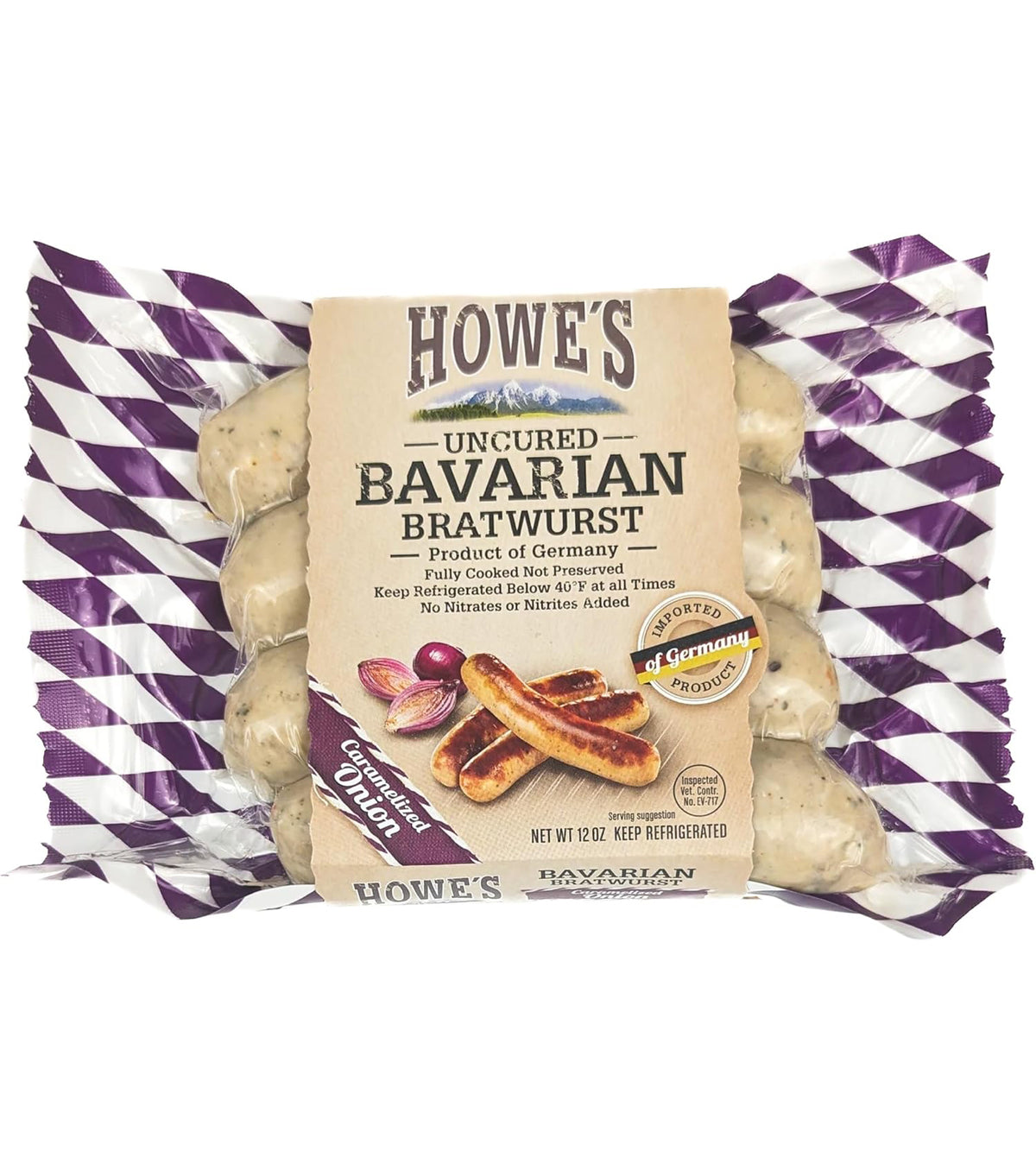 Howe's uncured Bavarian bratwurst sausages packaged, artisanal gourmet food from Germany
