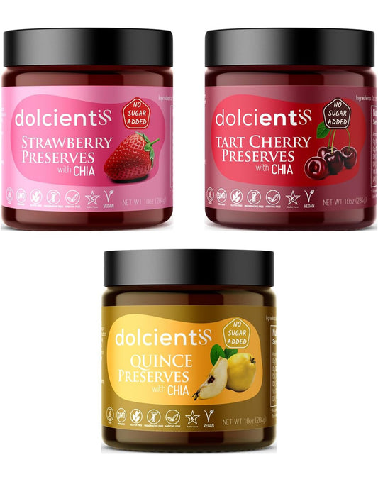 Dolcientis Preserves with Chia Seeds - Strawberry, Tart Cherry and Quince Preserves - 100% Natural, Sugar Free, Non GMO, Vegan, Gluten Free, Preservative Free Jelly, Additive Free, Low Calorie Paleo Friendly - Pack of 3
