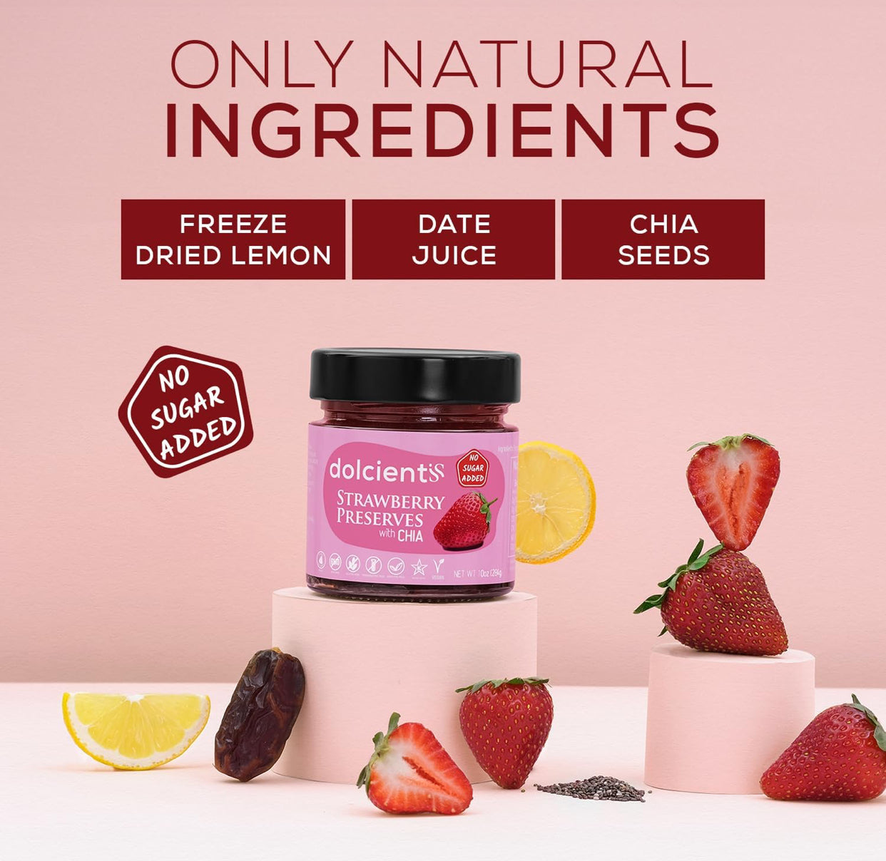 Dolcientis Preserves with Chia Seeds - Strawberry, Tart Cherry and Quince Preserves - 100% Natural, Sugar Free, Non GMO, Vegan, Gluten Free, Preservative Free Jelly, Additive Free, Low Calorie Paleo Friendly - Pack of 3