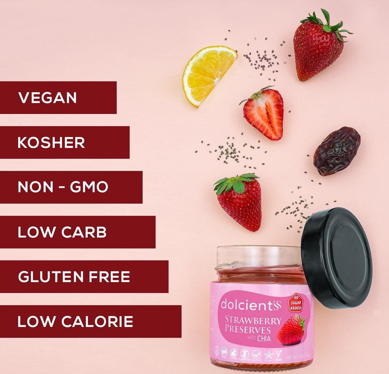 Dolcientis Preserves with Chia Seeds - Strawberry, Tart Cherry and Quince Preserves - 100% Natural, Sugar Free, Non GMO, Vegan, Gluten Free, Preservative Free Jelly, Additive Free, Low Calorie Paleo Friendly - Pack of 3