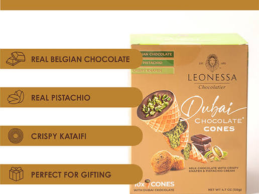 Leonessa Dubai Chocolate Cones with Pistachio Kunafa | Made with Premium Belgian Chocolates | Kunafa Chocolate | Chocolates de Dubai