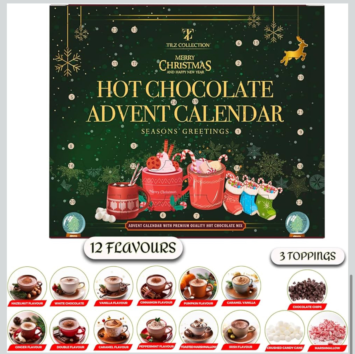 Hot Chocolate Advent Calendar 2025 - Gourmet Luxury 24 Hot Chocolate Selection Variety Flavors