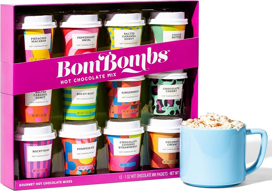 BomBombs, Hot Chocolate Mix Gift Set with Mini Cup Packaging, Dessert Flavors Include Rocky Road, Cookies Butter, Pumpkin Pie & More, Set of 12