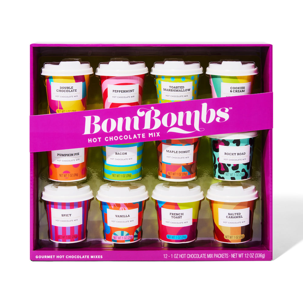 BomBombs, Hot Chocolate Mix Gift Set with Mini Cup Packaging, Dessert Flavors Include Rocky Road, Cookies Butter, Pumpkin Pie & More, Set of 12
