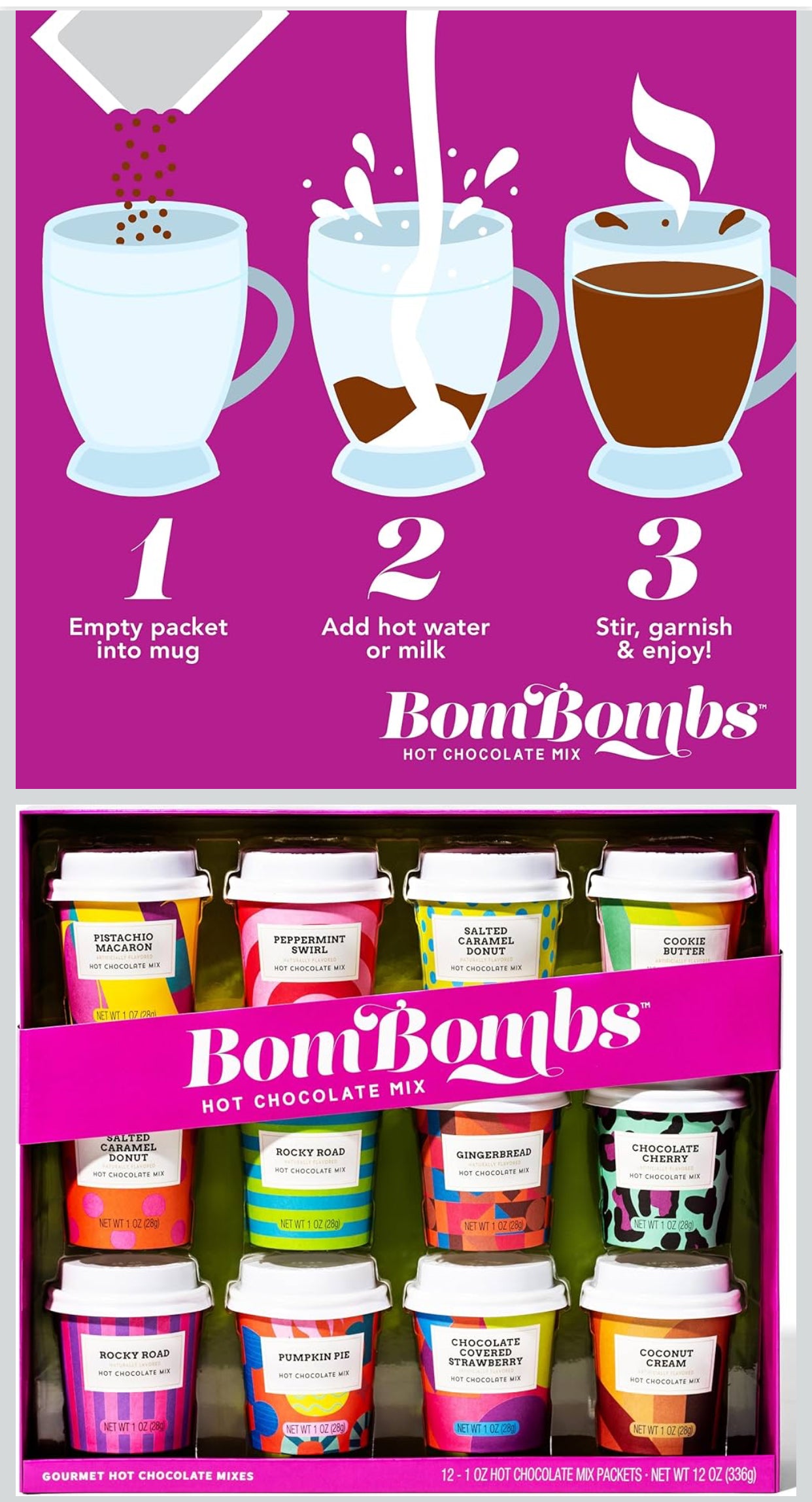 BomBombs, Hot Chocolate Mix Gift Set with Mini Cup Packaging, Dessert Flavors Include Rocky Road, Cookies Butter, Pumpkin Pie & More, Set of 12