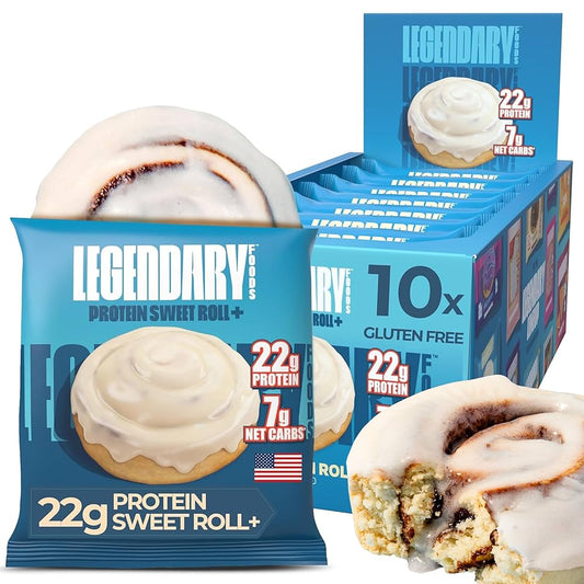 Legendary Foods 22g Protein Sweet Cinnamon Roll - Premium High Protien Bars, Low Carb Meal Replacement Snack, Low Glycemic Index, Gluten Free Snacks - Sweet Zero Sugar, Keto and Diabetic Friendly – Pack of 10