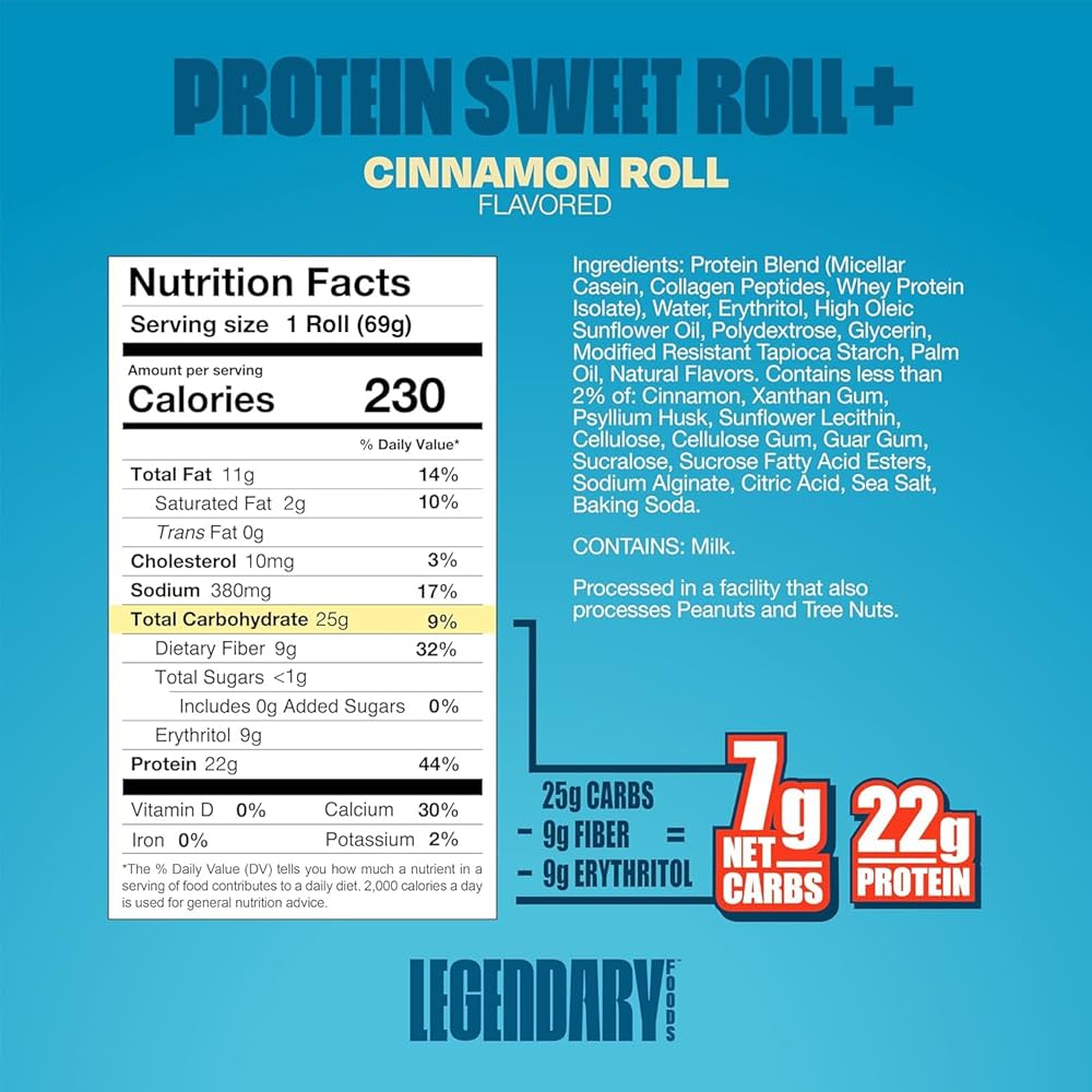 Legendary Foods 22g Protein Sweet Cinnamon Roll - Premium High Protien Bars, Low Carb Meal Replacement Snack, Low Glycemic Index, Gluten Free Snacks - Sweet Zero Sugar, Keto and Diabetic Friendly – Pack of 10