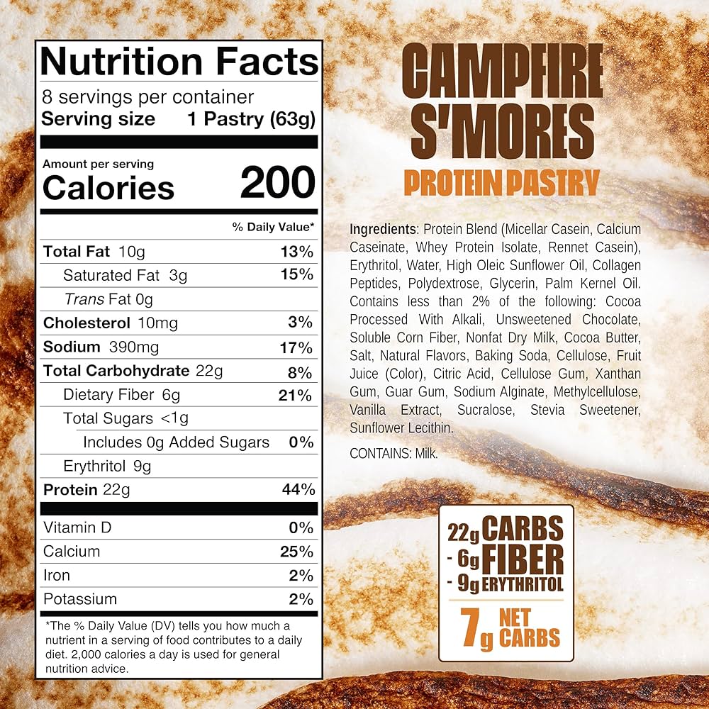 Legendary Foods 22g Campfire S'mores Protein Pastry - Low Carb Meal Replacement Bar - Low Glycemic, Gluten Free Protien Snacks - Healthy Keto Snack Zero Sugar Energy Bars - Bariatric Diabetic Friendly – Pack of 8