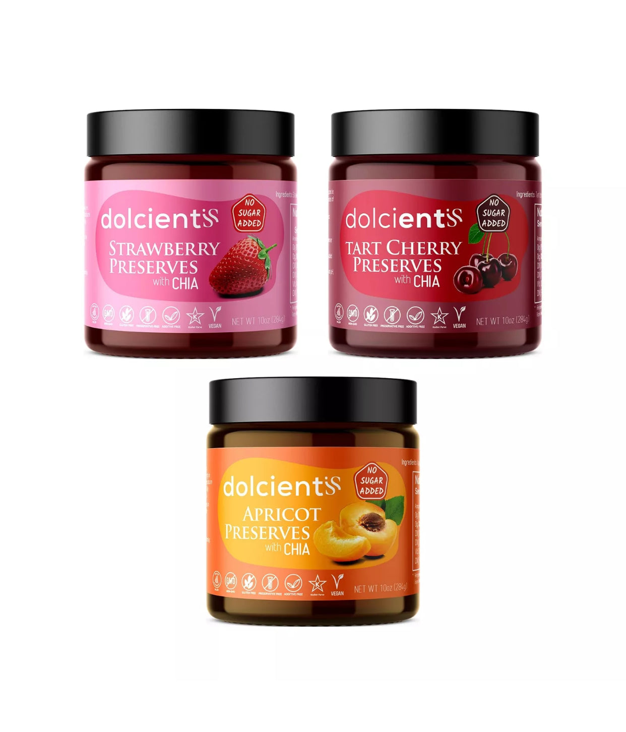 Dolcientis Preserves with Chia Seeds - Apricot, Tart Cherry, Strawberry Preserves - 100% Natural, Sugar Free, Non GMO, Vegan, Gluten Free, Preservative Free Jelly, Additive Free, Low Calorie Paleo Friendly - Pack of 3