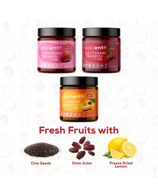 Dolcientis Preserves with Chia Seeds - Apricot, Tart Cherry, Strawberry Preserves - 100% Natural, Sugar Free, Non GMO, Vegan, Gluten Free, Preservative Free Jelly, Additive Free, Low Calorie Paleo Friendly - Pack of 3