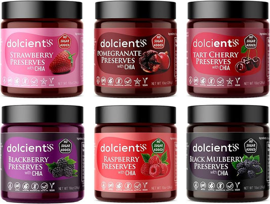 Dolcientis Preserves with Chia Seeds,100% Natural, Sugar Free, Non GMO, Vegan, Gluten Free, Preservative Free Jelly, Additive Free, Low Calorie Paleo Friendly - Variety Pack of 6