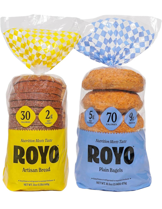 Royo Bread Co Low Carb Artisan Bread and Bagels, 30-80 Calories Artisan Bread & Plain Bagels - Pack of 2