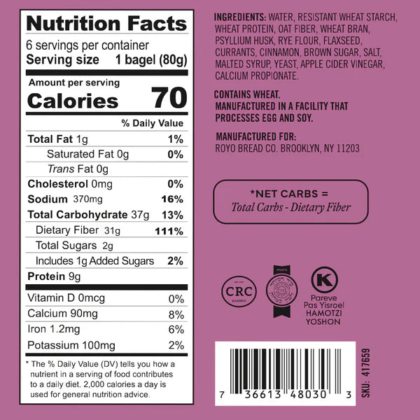 Royo Bread Co Low Carb Artisan Bread and Cinnamon Raisin Bagels, 30-80 Calories Artisan Bread & Bagels - Pack of 2