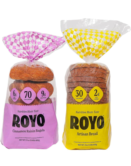 Royo Bread Co Low Carb Artisan Bread and Cinnamon Raisin Bagels, 30-80 Calories Artisan Bread & Bagels - Pack of 2