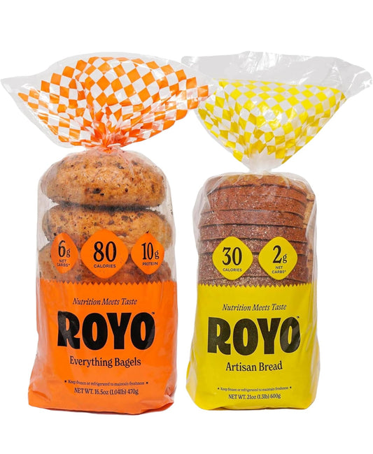 Royo Bread Co Low Carb Artisan Bread and Everything Bagels, 30-80 Calories Artisan Bread & Bagels - Pack of 2