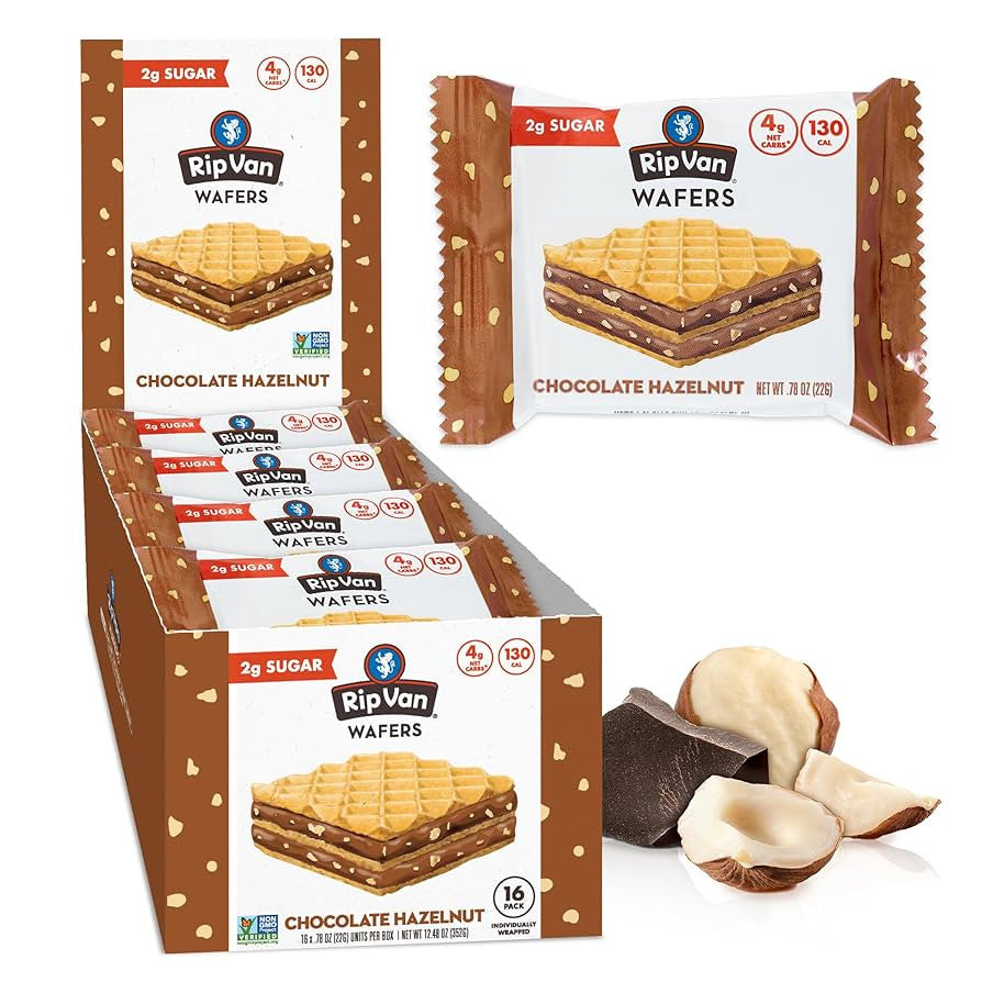 Rip Van Chocolate Hazelnut Wafer Cookies - Keto, Non-GMO, Healthy Snacks, Low Carb & Low Sugar (2g), Low Calorie, Vegan - includes 16 - Pack of 3