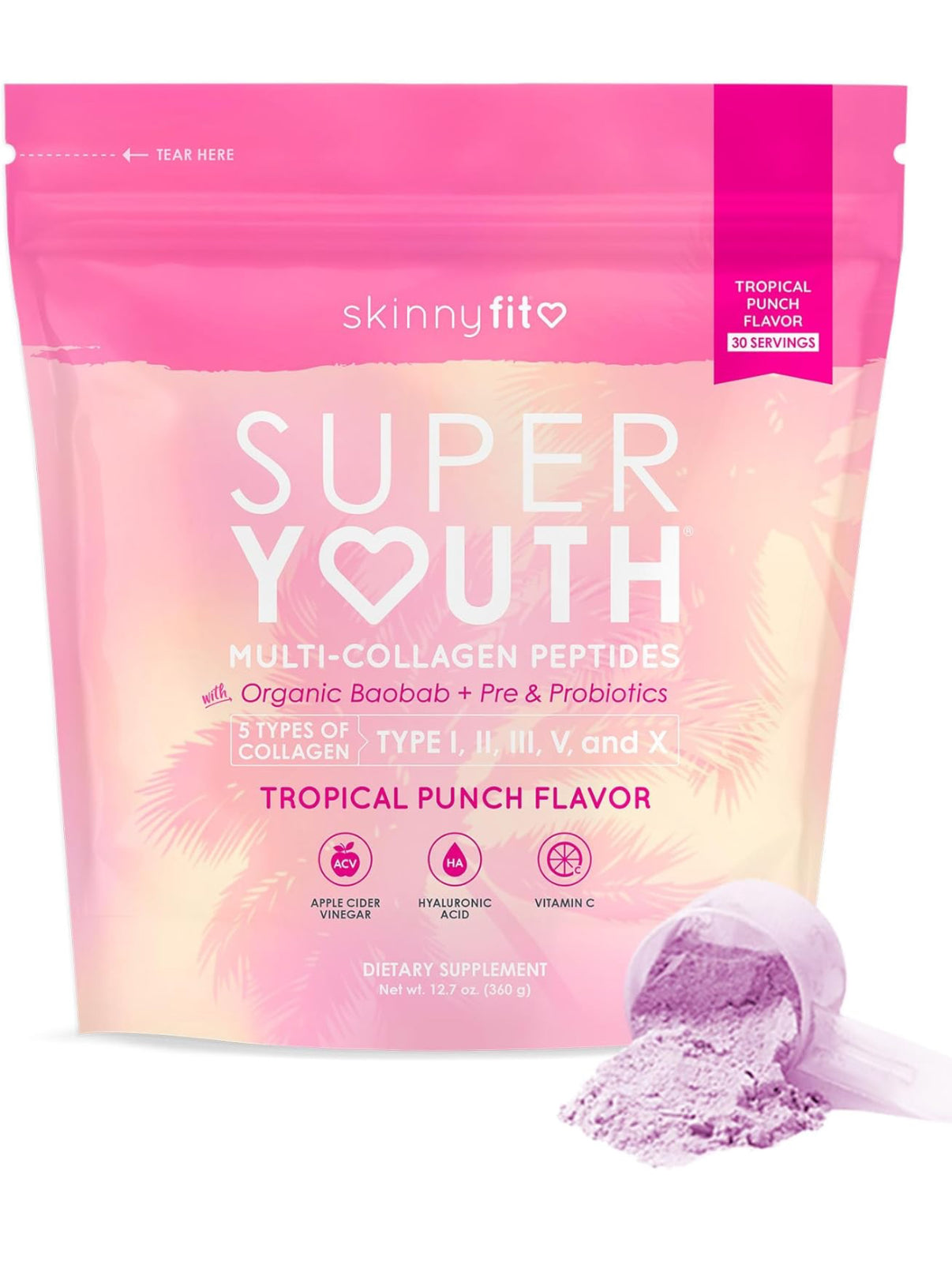 SkinnyFit Super Youth Tropical Punch Multi-Collagen Peptides + Probiotics - 30 Servings