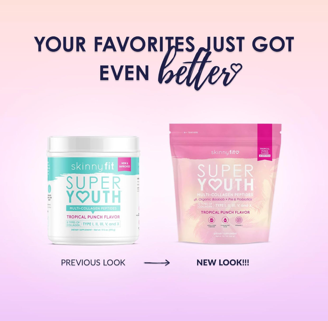 SkinnyFit Super Youth Tropical Punch Multi-Collagen Peptides + Probiotics - 30 Servings