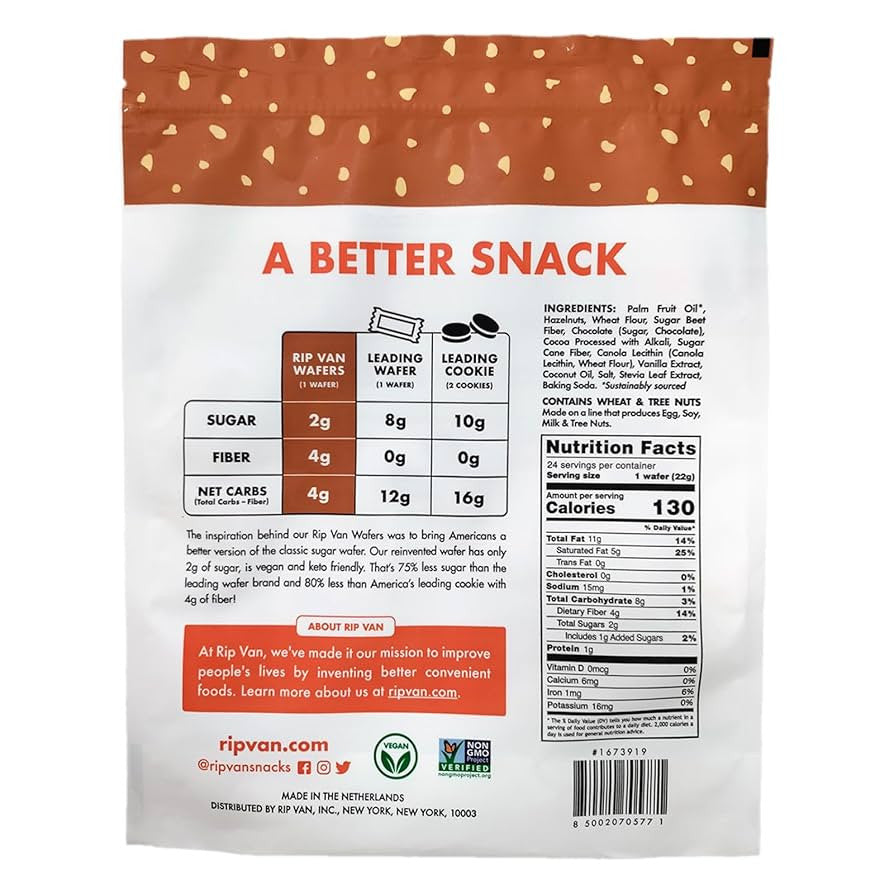 Rip Van Chocolate Hazelnut Wafer Cookies - Keto, Non-GMO, Healthy Snacks, Low Carb & Low Sugar (2g), Low Calorie, Vegan - includes 16 - Pack of 3