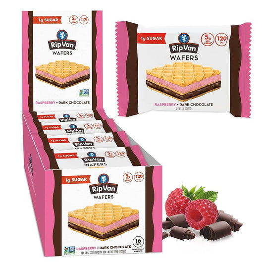 Rip Van Raspberry & Dark Chocolate Wafer Cookies - Keto, Non-GMO, Healthy Snacks, Low Carb & Low Sugar (2g), Low Calorie, Vegan - includes 16 - Pack of 3