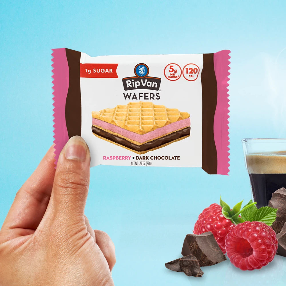 Rip Van Raspberry & Dark Chocolate Wafer Cookies - Keto, Non-GMO, Healthy Snacks, Low Carb & Low Sugar (2g), Low Calorie, Vegan - includes 16 - Pack of 3
