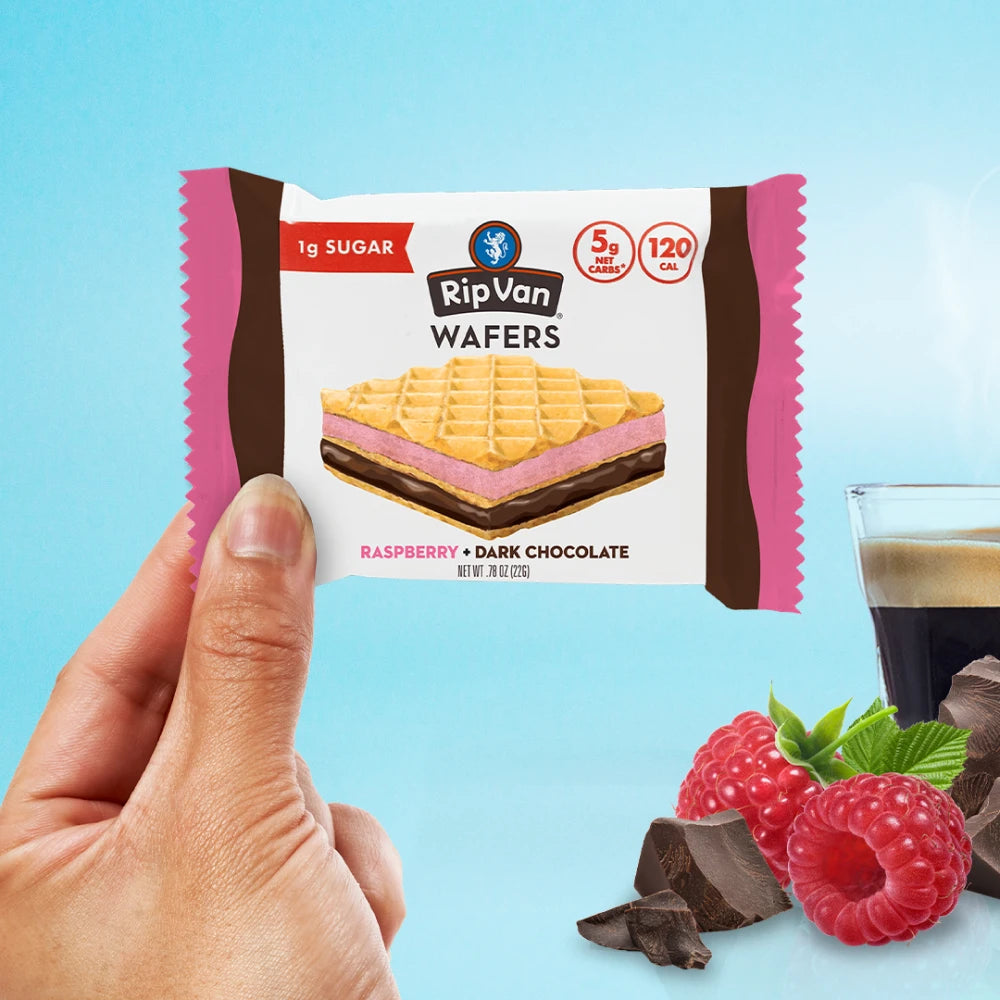 Rip Van Raspberry & Dark Chocolate Wafer Cookies - Keto, Non-GMO, Healthy Snacks, Low Carb & Low Sugar (2g), Low Calorie, Vegan - includes 16