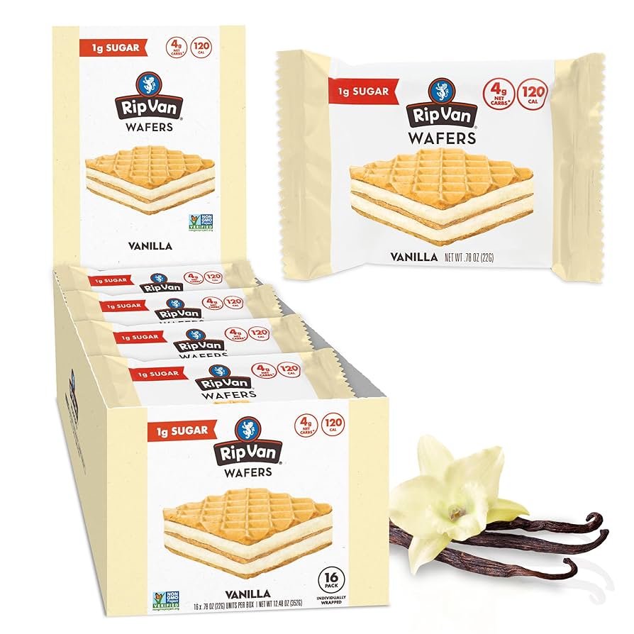 Rip Van Vanilla Wafer Cookies - Keto, Non-GMO, Healthy Snacks, Low Carb & Low Sugar (2g), Low Calorie, Vegan - includes 16