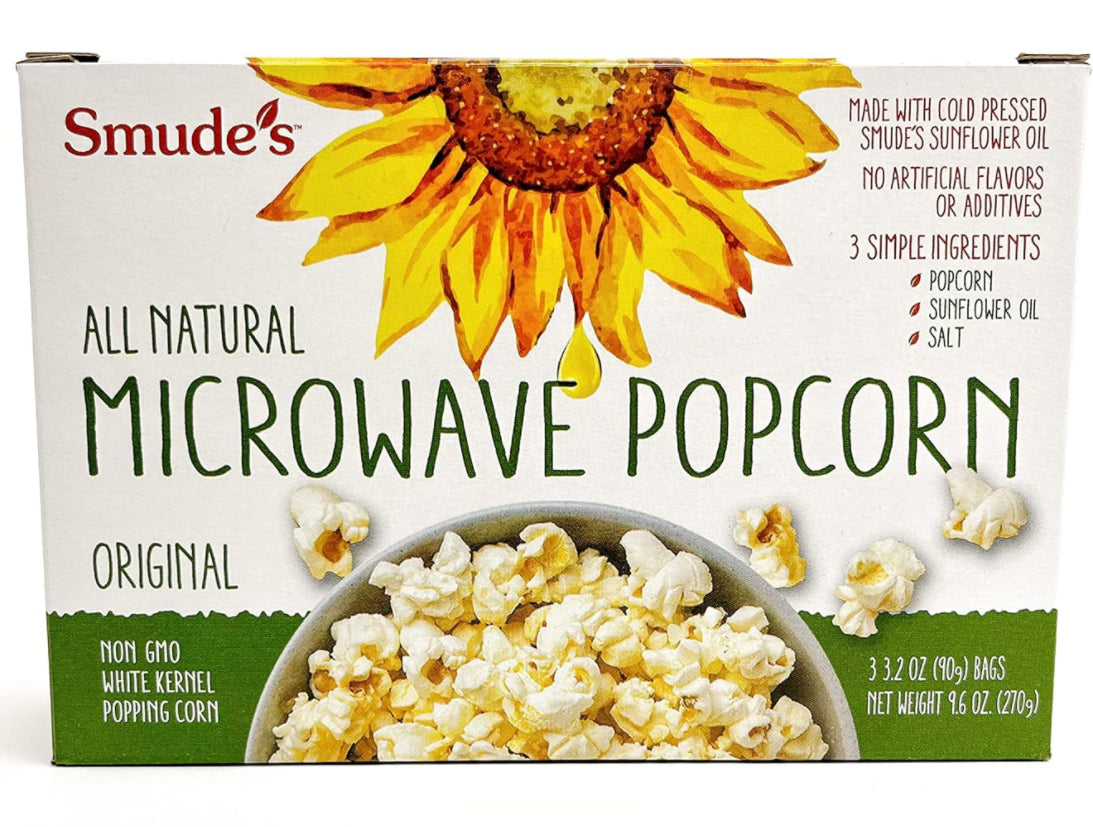 Smude's All Natural Microwave Popcorn - Original Popcorn, Smude’s Sunflower Oil, & Salt - 1 box of 3 bags