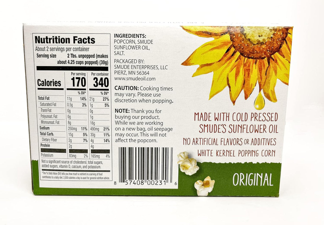 Smude's All Natural Microwave Popcorn - Original Popcorn, Smude’s Sunflower Oil, & Salt - 1 box of 3 bags