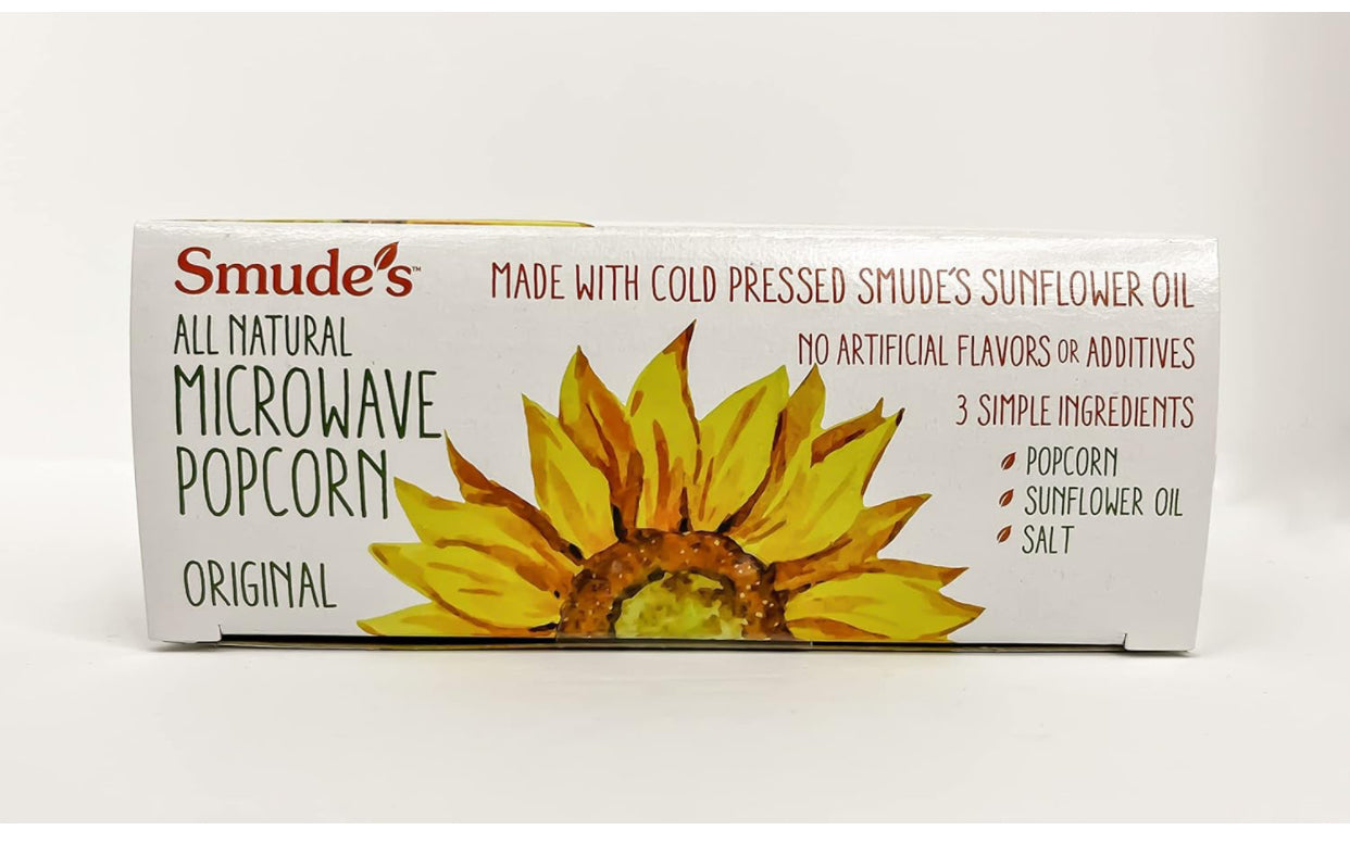 Smude's All Natural Microwave Popcorn - Original Popcorn, Smude’s Sunflower Oil, & Salt - 1 box of 3 bags