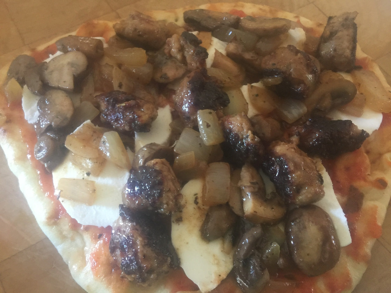 Sausage, Onion, Mushroom & Mozzarella Naan Pizza