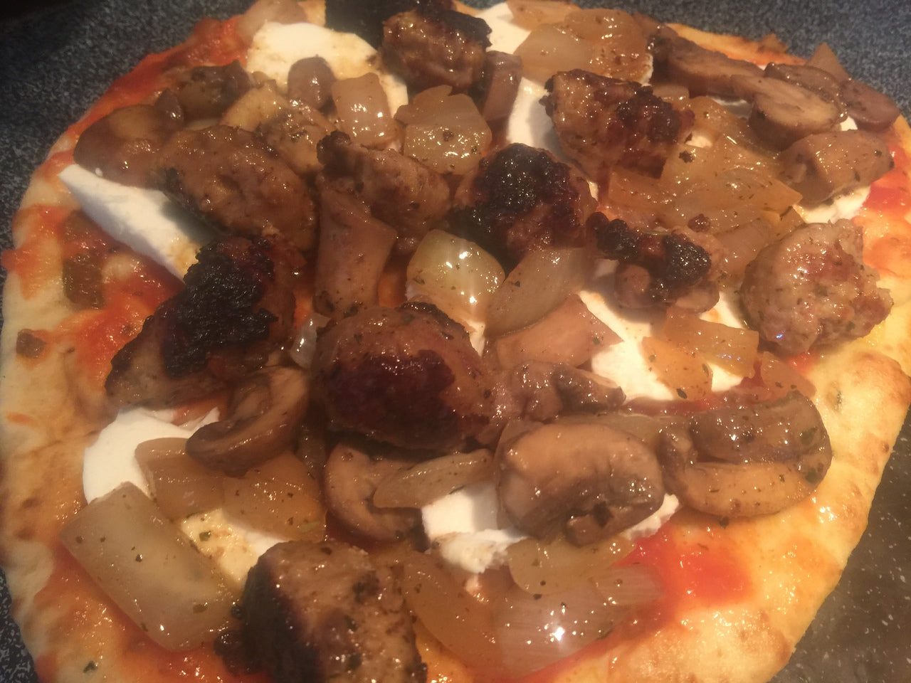 Sausage, Onion, Mushroom & Mozzarella Naan Pizza