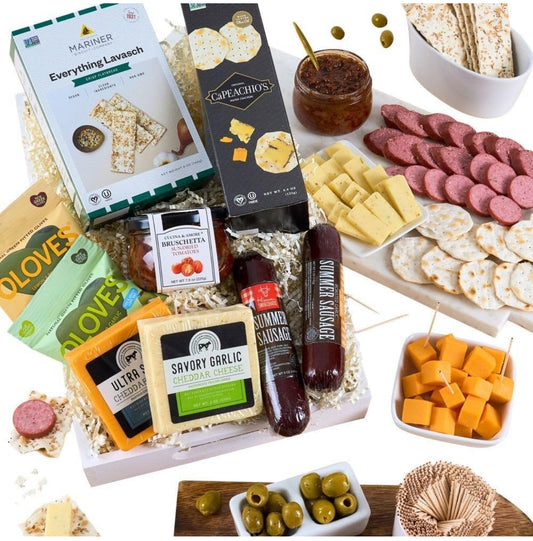 Deluxe Charcuterie Cheese Platter - Gourmet Meat & Cheese Sampler Gift Basket